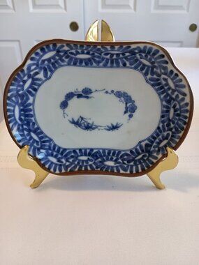 Vintage Japanese Blue & White Porcelain Dish with Floral Design